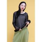 Round-neck Open-knit Top Black - One Size