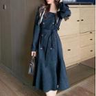 Square-neck Long-sleeve Midi A-line Corduroy Dress