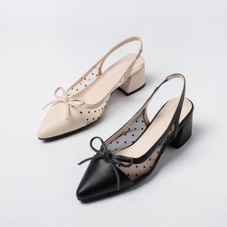 Dotted Mesh Block-heel Slingback Sandals