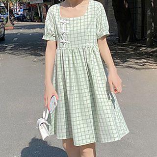 Square Neck Gingham Short Sleeve Dress