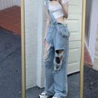 Distressed Washed Straight Leg Denim Dungarees