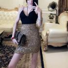 V-neck Camisole Top / Sequined Straight-fit Skirt / Set