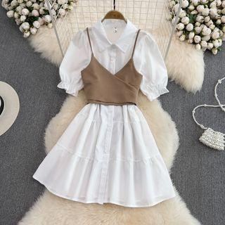 Puff Sleeve Shirt Dress With Camisole
