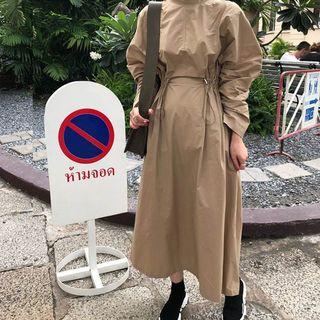 Drawstring Long-sleeve Midi A-line Dress Khaki - One Size