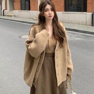 Oversized Cardigan / Strapless Cable-knit Top / Midi A-line Skirt