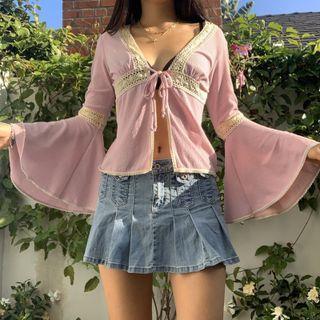 Bell-sleeve Lace-trim Tie-front Top