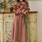 Set: Long-sleeve Floral Print Blouse + Plaid Midi A-line Skirt