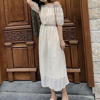 Off-shoulder Midi A-line Embroidered Dress