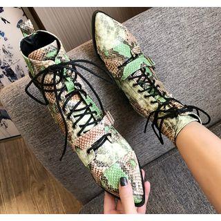 Block Heel Snake Print Lace-up Short Boots