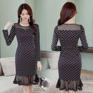 Dotted Long-sleeve Ruffle Sheath Dress
