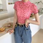 Crew-neck Heart Patterned Cropped Top Pink - One Size