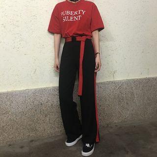 Lettering Print T-shirt / Belt / Straight Cut Sweatpants