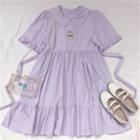 Duck Embroidered Short-sleeve Collared Dress Purple - One Size