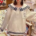 Long-sleeve Sailor Collar Contrast Trim Knit Sweater White - One Size