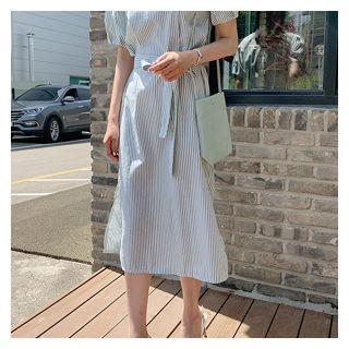 Puff-sleeve Stripe Dress With Sash