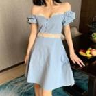 Short-sleeve Lace Trim Mini Dress Blue - One Size