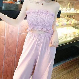 Set: Ruffle Trim Strapless Top + Wide Leg Pants