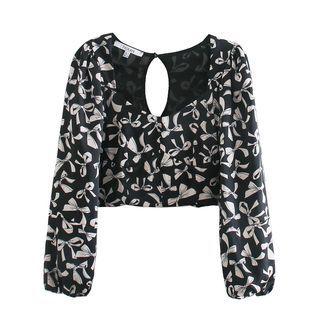 Balloon-sleeve Ribbon Print Blouse