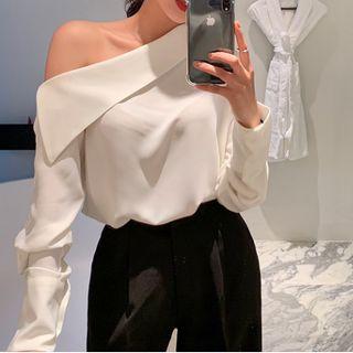 Cold-shoulder Plain Side Button Long-sleeve Shirt