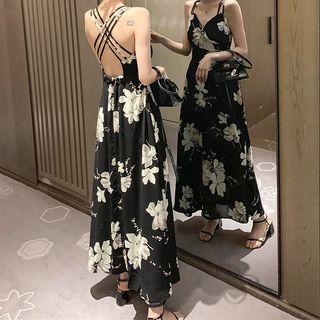Flower Print Open Back Spaghetti Strap Midi A-line Dress