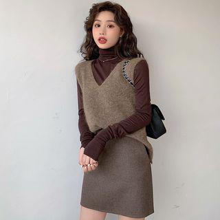 V-neck Knit Vest / Turtleneck Long-sleeve Top / Mini A-line Skirt