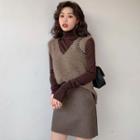 V-neck Knit Vest / Turtleneck Long-sleeve Top / Mini A-line Skirt