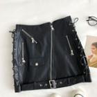 Plain High-waist Zipper Lace-up Faux Leather Skirt