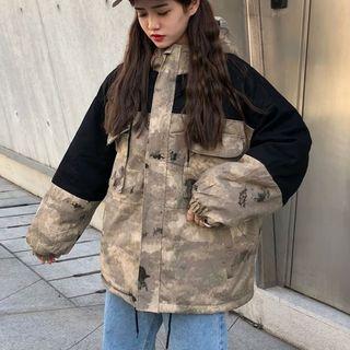 Hooded Camouflage Panel Zip Padded Jacket