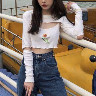 Set: Long-sleeve Cutout Shrug + Spaghetti Strap Floral Print Top As Shown In Figure - One Size