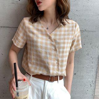 Short-sleeved Asymmetric Plaid Shirt