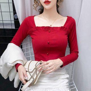 Square-neck Ruffle Trim T-shirt