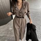 Half-placket Houndstooth Jumpsuit With Belt