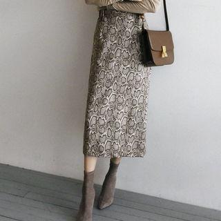 Snakeskin Print H-line Long Skirt Brown - One Size
