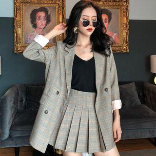 Plaid Double-breasted Blazer / Dress Pants / Pleated Mini Skirt