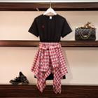 Set: Short-sleeve Letter T-shirt + Asymmetric Plaid Mini Skirt