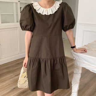Puff-sleeve Ruffle Open Back A-line Dress