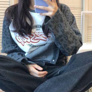 Cutout Leopard Print T-shirt / Denim Jumper Pants
