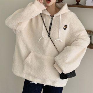Embroidered Faux Shearling Hoodie White - One Size
