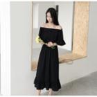Off-shoulder Elbow-sleeve Midi A-line Dress Black - One Size