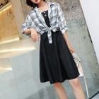 Set: Plaid Elbow-sleeve Shirt + Plain Spaghetti Strap A-line Dress