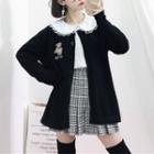 Bear Pattern Cardigan / Plaid Mini Pleated Skirt / Lace Trim Collar Blouse