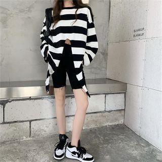 Striped Long-sleeve Slit T-shirt Stripe - One Size