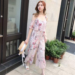 Floral Print Cold Shoulder Wide Leg Jumpsuit