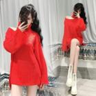 Turtleneck Cold-shoulder Sweater Red - One Size