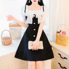 Puff-sleeve Square Neck Two-tone Bow Accent A-line Dress