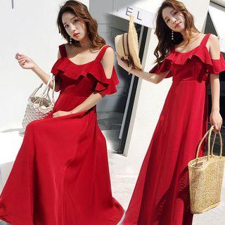 Cold Shoulder Open Back A-line Maxi Dress