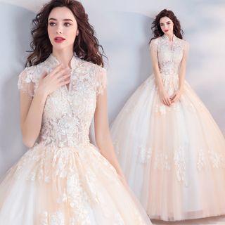 Cap-sleeve Floral Embroidered Rhinestone Wedding Gown