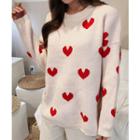 Drop-shoulder Heart Patterned Sweater