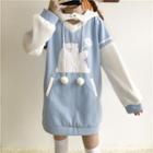 Bear Embroidered Hoodie Light Blue - One Size
