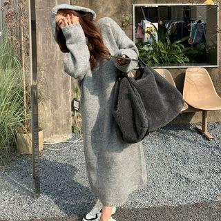Long-sleeve Loose-fit Knit Hooded Dress Gray - One Size